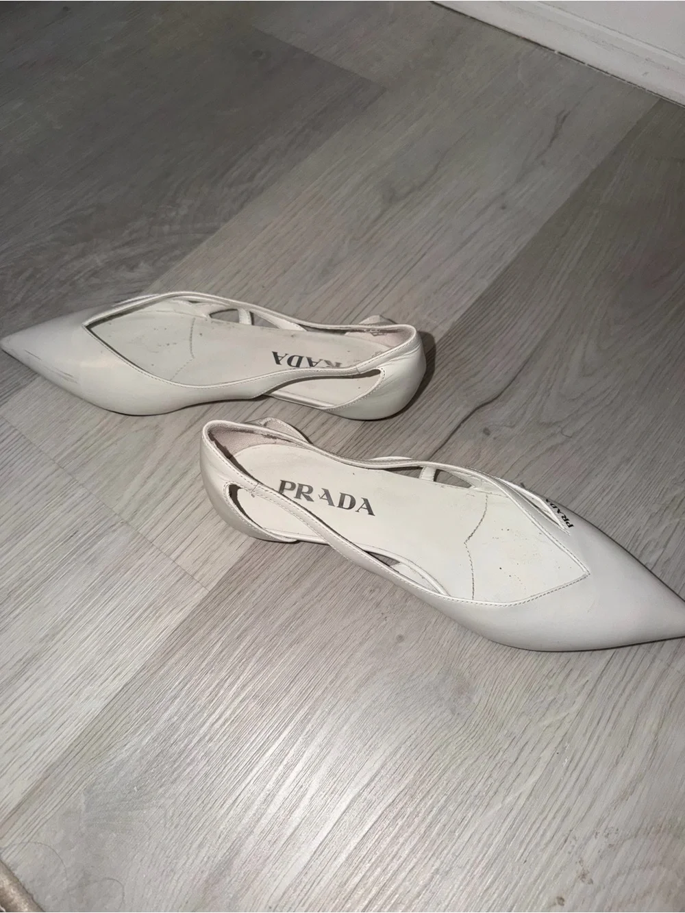Prada White Pointed Leather Slingback Flats